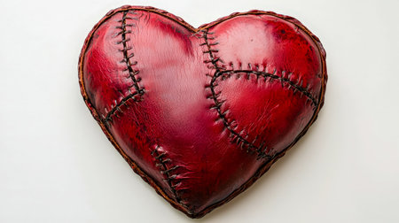 A handcrafted leather heart with detailed stitching, presenting a romantic and artisanal aesthetic against a clean white backdrop.の写真素材