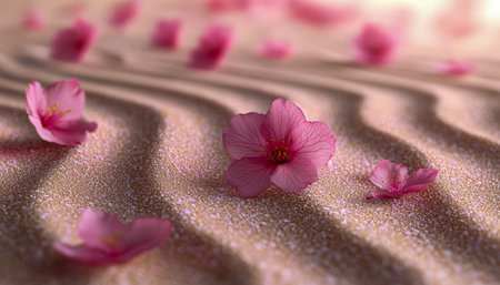Soft pink blossoms gently cascade over undulating golden sands, creating a tranquil, poetic scene inspired by nature's delicate contrasts.の写真素材