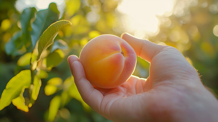 A sunlit orchard scene with a hand gently grasping a lush, golden peach, highlighting fresh harvest and warm, summery mood.の写真素材