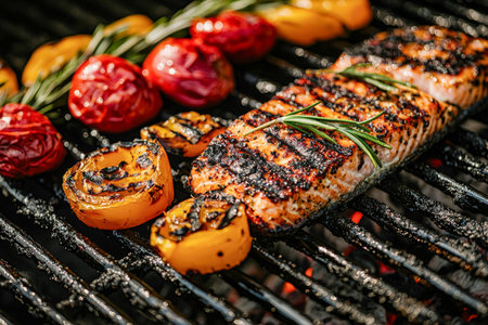 Juicy grilled salmon amid roasted cherry tomatoes and vibrant yellow peppers, sizzling on an open...