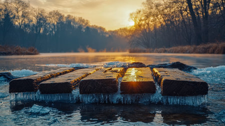 A tranquil winter scene featuring a snow-covered shoreline, a rustic wooden dock extending over...