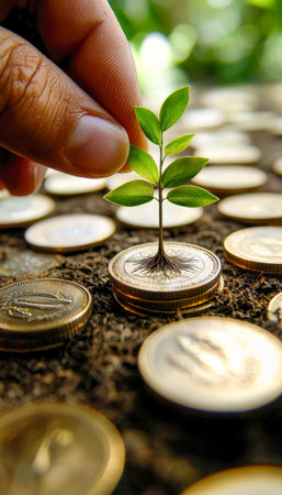 A delicate seedling emerges amidst a bed of coins, symbolizing growth and financial prosperity...