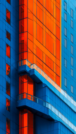 A sleek urban tower features bold blue and orange hues, showcasing distinctive geometric glasswork and balcony accents that emphasize contemporary desの写真素材