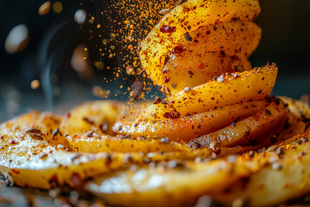 Bright yellow potato slices sprinkled with colorful herbs and freshly ground pepper, creating an appetizing scene perfect for culinary or healthy eatiの写真素材