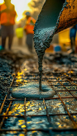 Wet concrete streams onto steel reinforcement, capturing a moment of active building work with a...