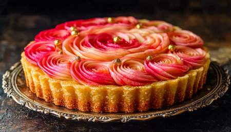 A delicate fruit tart crafted to resemble a blooming rose, adorned with shimmering edible gold and...