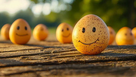 Bright yellow eggs with playful smiley faces sit atop aged wood, basking in natural sunlight amidst an outdoor countryside, radiating joy and rustic cの写真素材