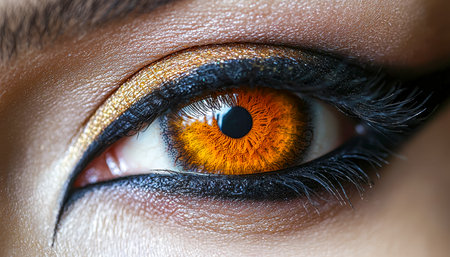 A captivating gaze with a fiery orange hue in the iris, accentuated by bold eyeshadow and defined lash contours, evoking passion and intensity.の写真素材