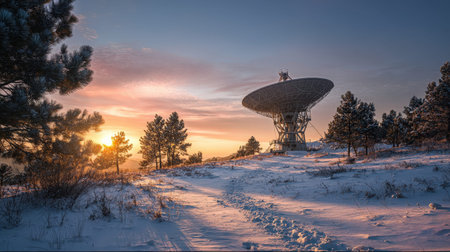 An expansive satellite dish glints under a vibrant sunset, nestled amid snow-covered terrain,...