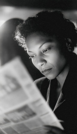 A woman intently scans a newspaper, her brow furrowed slightly, immersed in the message, captured in...