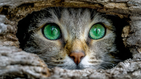 A curious feline's face reveals vivid emerald eyes through a rustic wooden hole, creating an...