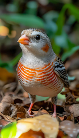 A vibrant feathered creature with striking orange and dark markings perches on a leaf-strewn floor,...