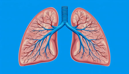 A vivid medical drawing showing the intricate structure of respiratory organs, highlighting bronchial pathways and vascular networks against a sootの写真素材