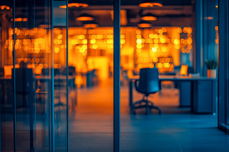 A sleek workspace illuminated by soft amber light, featuring transparent glass partitions that reflect the fading sunset outside.の写真素材