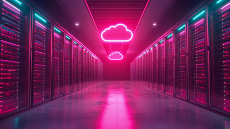 A sleek, high-tech facility illuminated by radiant pink hues and luminous cloud-shaped signs,...