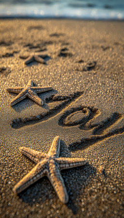 Warm sunset glow highlights two starfish and the word 'joy' etched in smooth sand, creating a...