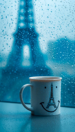 A cozy scene featuring a porcelain mug adorned with Eiffel Tower motifs, set beside a rain-misted window overlooking a distant cityscape with iconic lの写真素材