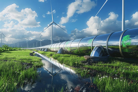 Green hydrogen production concept with turbine winds connected by a hydrogen pipeline