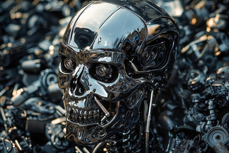 A shiny metallic skull centerpiece encircled by intricate mechanical components, evoking a fusion of art and industrial strength with a sleek, moody aの写真素材