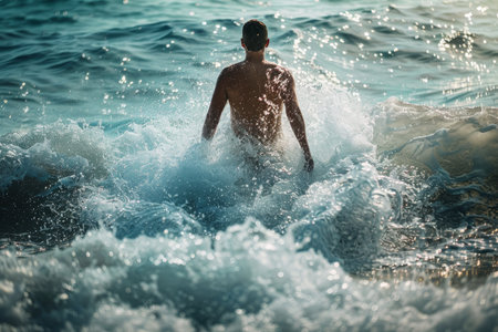 Man walking through waves parting in high quality image capture by the water s edgeの写真素材