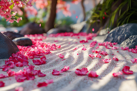 A peaceful garden scene featuring delicate pink petals blanketing smooth white sand, surrounded by vibrant green foliage and serene natural beauty.の写真素材