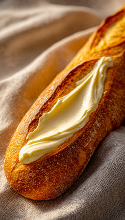 A golden, crusty baguette sliced open reveals a soft interior, topped with a rich, velvety butter...