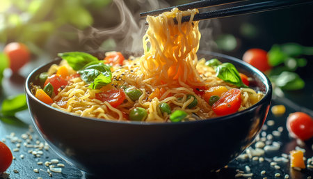 A vibrant, heated noodle dish garnished with fragrant herbs and bright cherry tomatoes, exuding...