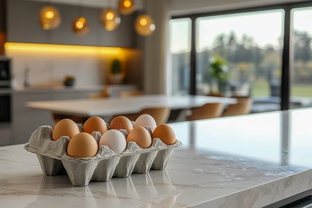 A carton filled with farm-fresh eggs rests on a sleek marble countertop, set against a contemporary...