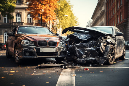 Two vehicles damaged in head-on collision on street resulting in car crash with damaged carsのeditorial素材