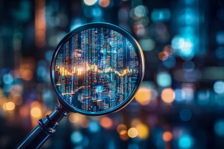 A close-up of a magnifying glass revealing vibrant financial graphs and numbers, set against a blurred cityscape illuminated by night lights, evokingの写真素材