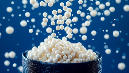Tiny white foam particles cascade into a transparent glass jar, set against a vibrant blue backdrop,...
