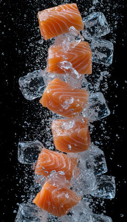 Juicy salmon slices nestled among glistening ice cubes, with lively water splashes creating a vivid contrast against a sleek dark backdrop.の写真素材