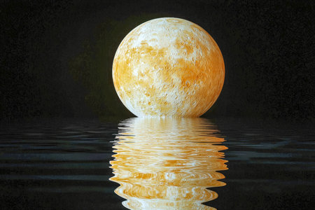 A luminous moon casts a shimmering glow on calm waters, creating a tranquil night scene filled with...