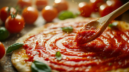 A vibrant, mouthwatering pizza topped with rich tomato sauce and fresh basil, captured in detail to highlight its aromatic and savory appeal.の写真素材