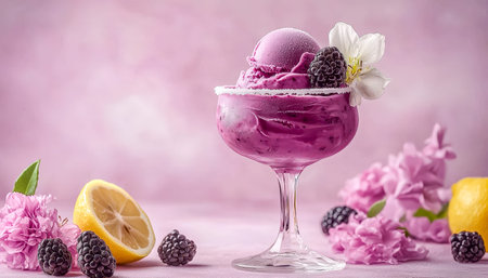 A sophisticated glass of vibrantly colored berry and lemon sorbet, adorned with delicate floral...