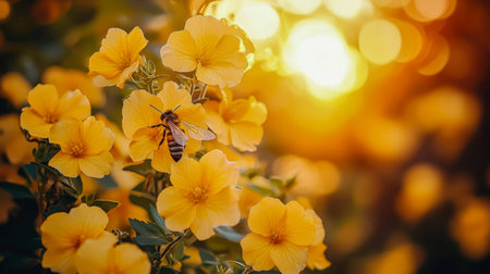 Vibrant yellow blooms bathed in sunset glow, with a bee in mid-pollination, capturing nature's...