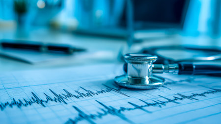 Close-up of a stethoscope resting on a paper featuring a colorful heartbeat monitor, set against a clinical background conveying health monitoring.の写真素材
