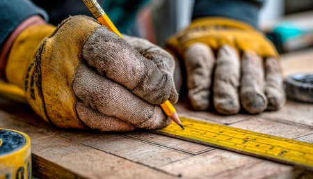 A skilled artisan's hand carefully marks precise dimensions on timber using a vivid yellow measuring tool amidst a busy workshop environment.の写真素材