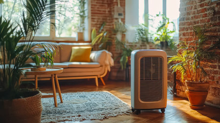 A compact cooling unit sits amidst lush greenery and soft sunlight, creating a tranquil ambiance in...