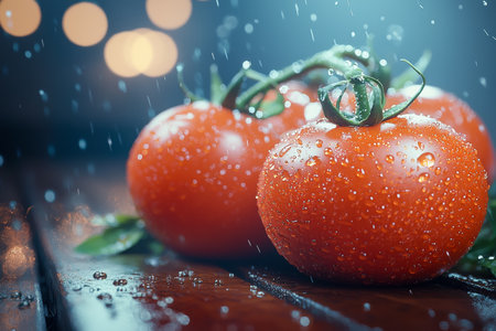 Juicy tomatoes gleam with tiny water beads, set against a misty rain-soaked backdrop on rustic wood, evoking freshness and natural appeal.の写真素材