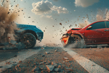 Daytime collision two cars involved in a minor accident, crashing together on the roadの写真素材