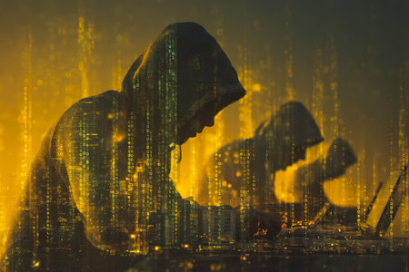 A youthful individual intently analyzing cybersecurity challenges in a dimly lit environment, surrounded by glowing screens and dynamic digital symbolの写真素材