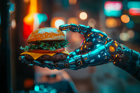 A sleek robotic limb presents a juicy cheeseburger amid neon-lit skyscrapers, blending advanced technology with urban culinary innovation in a vibrantの写真素材
