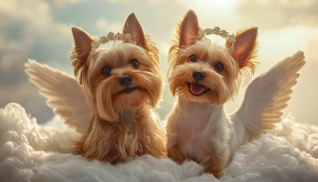 Playful small dogs with celestial wings and floral crowns drift among fluffy clouds in a peaceful, pastel-toned sky, exuding a serene, angelic charm.の写真素材