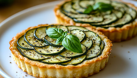 A flaky pastry filled with zucchini slices and cheese, garnished with vibrant basil leaves and a sprinkle of coarse black pepper, exuding fresh eleganの写真素材