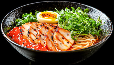A vibrant Asian-inspired dish featuring tender grilled chicken, a perfect soft-boiled egg, crisp greens, and shiny salmon roe atop steaming noodles, eの写真素材