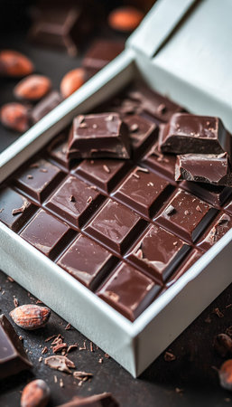 A decadent dark chocolate slab with fractured segments, accented by fresh cocoa beans and delicate...