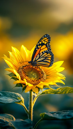 A vivid scene capturing a monarch's delicate wings as it rests on a sunflower's bright bloom amid lush greenery and colorful wildflowers.の写真素材