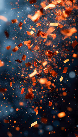 Vibrant bursts of shimmering orange and gold particles scatter wildly across a dark backdrop,...