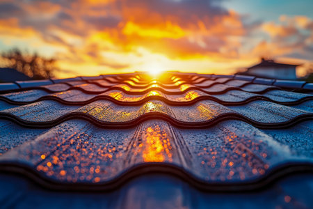 Drizzle revitalizes glossy tiles, reflecting a fiery dusk sky, creating a vibrant contrast of colors and textures on the rooftops.の写真素材